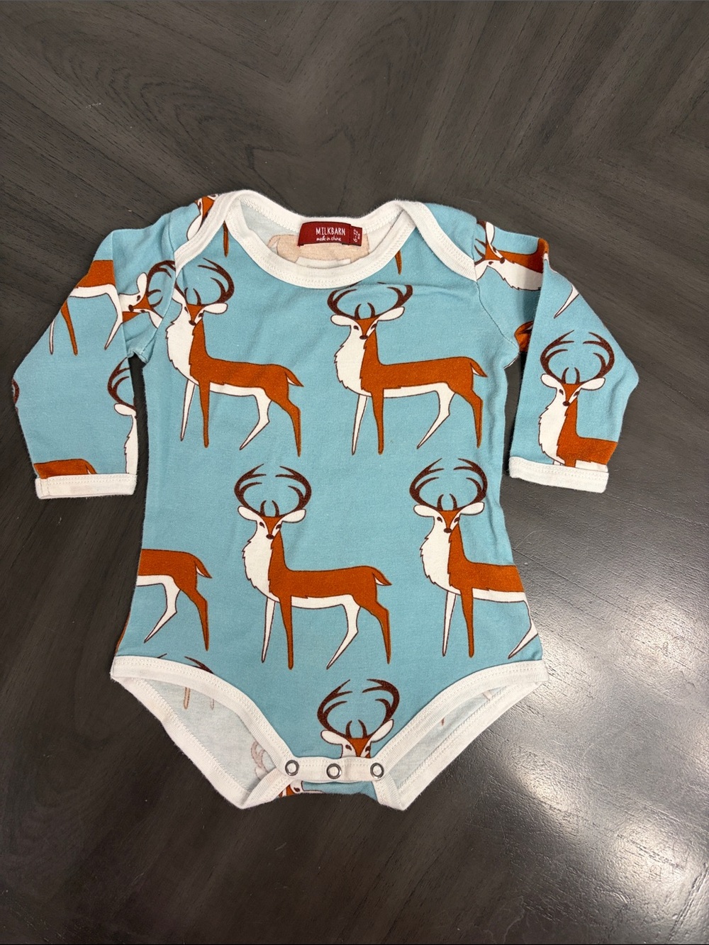 Milkbarn Blue Deer Print Long-Sleeve Baby One-Piece Size 6-12 Months